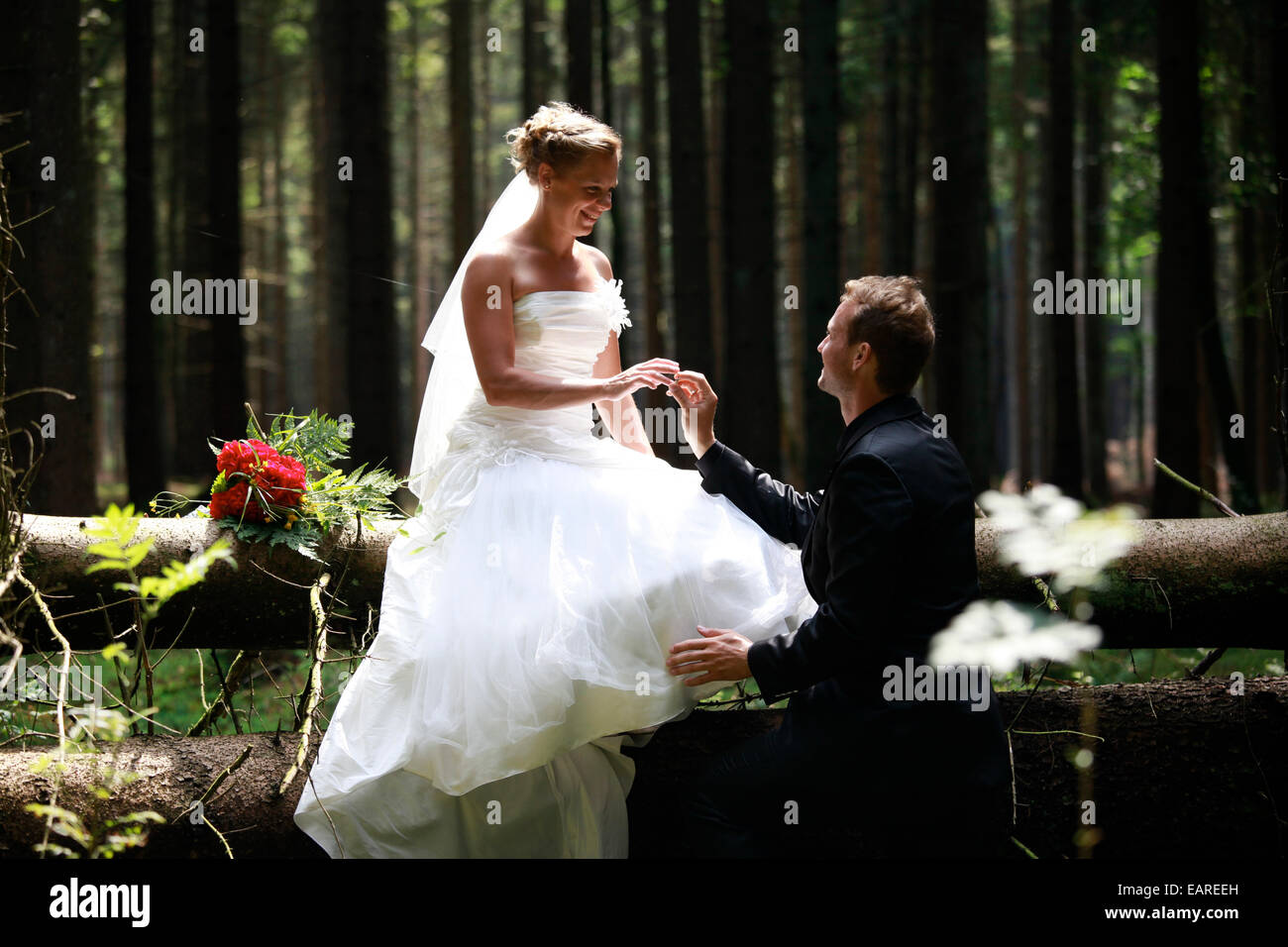 Mariée et le marié à tirer sur le mariage dans la forêt Banque D'Images