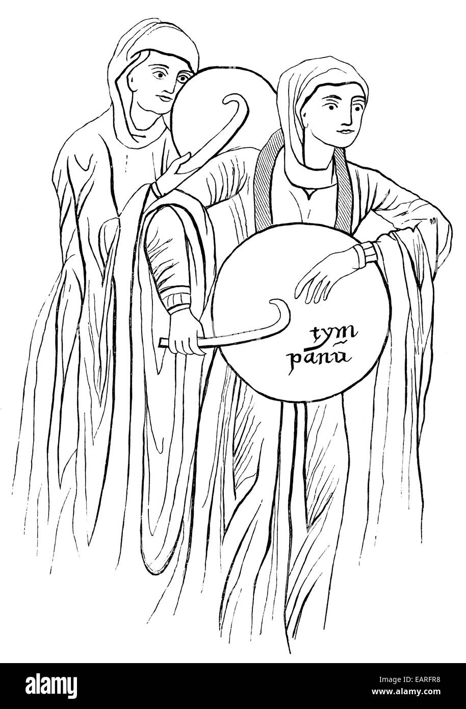 Femmes jouant un tympan, une plaque de métal battu avec un plectre, 10e siècle , le tympan, Frauen ein eine Metallplatte w Banque D'Images