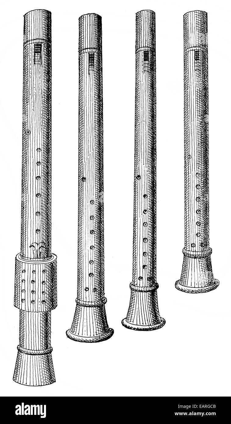Quatre tailles de longues flûtes, xvie siècle, vier Größen von Langflöten, 16. Jahrhundert Banque D'Images