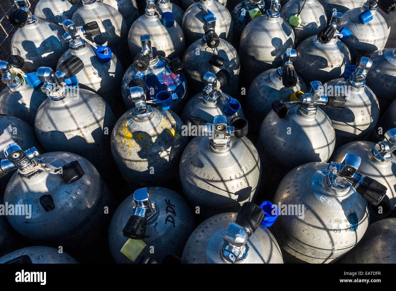 Une collection de bouteilles d'oxygène de plongée dans une cage d'acier. Banque D'Images