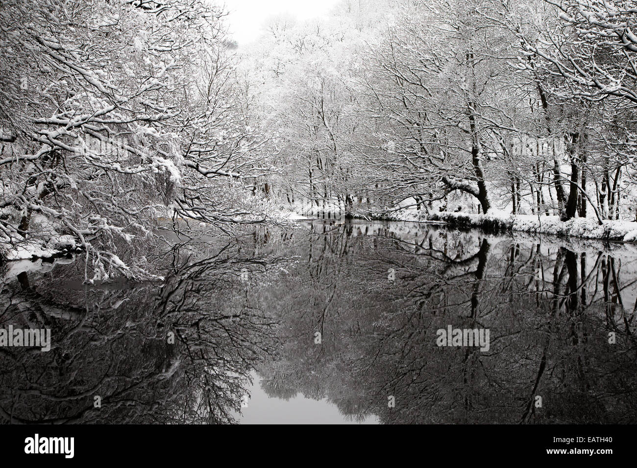 Mill Pond lake hiver noir et blanc de réflexion Banque D'Images