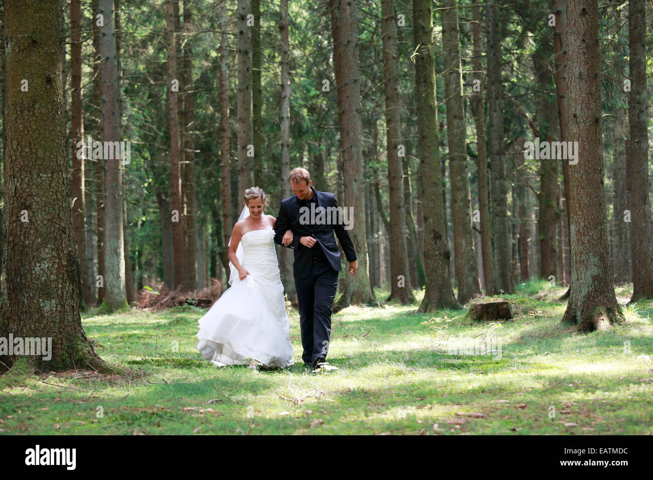 Mariée et le marié à tirer sur le mariage dans la forêt Banque D'Images