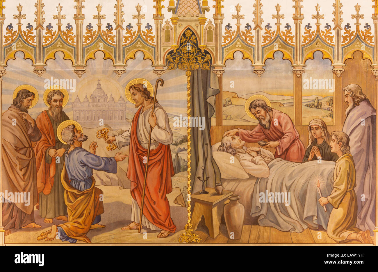 Trnava - fresque néo-gothique de fhe donner Jésus scène clés de Peter et de la scène les Apôtres à viatique dans l'église Saint-Nicolas. Banque D'Images Trnava - fresque néo-gothique de fhe donner Jésus scène clés de Peter et de la scène les Apôtres à viatique dans l'église Saint-Nicolas. Banque D'Images