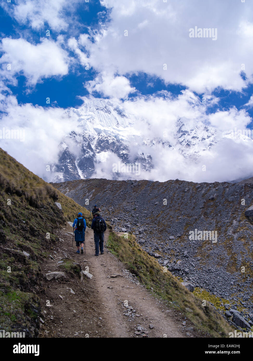 Randonnées sur le camino, salkantary avec montaña salkantay et son glacier en arrière-plan, près de soraypampa, Pérou. Banque D'Images