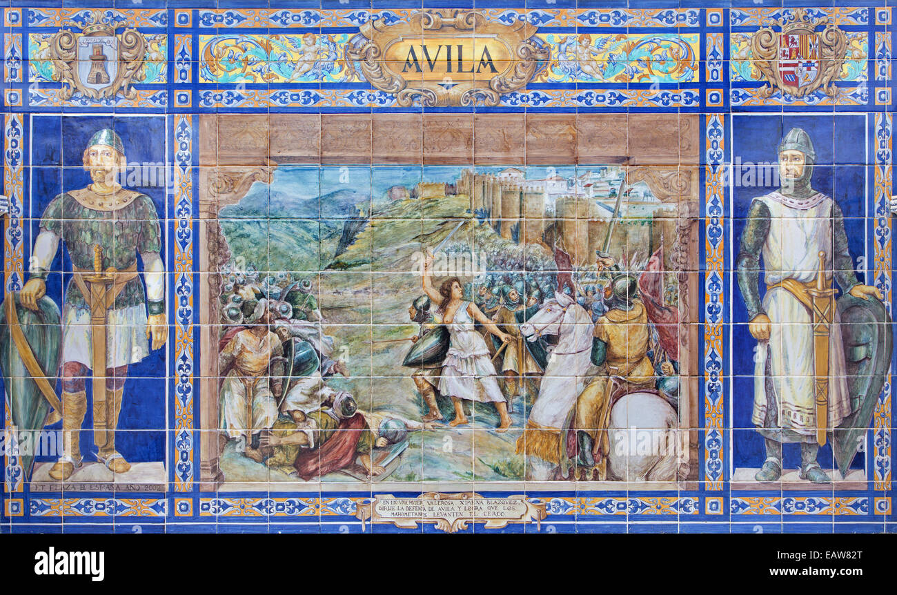 Séville - l'Avilla comme l'un des 'province' alcôves carrelage le long des murs de la Plaza de Espana (1920) par Domingo Prida. Banque D'Images