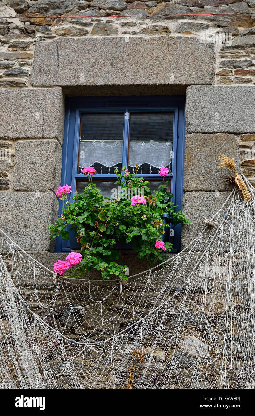 Une maison typique de St Suliac : veuve avec fleurs de pélargonium, avec le mur décoré avec un filet de pêche. Banque D'Images