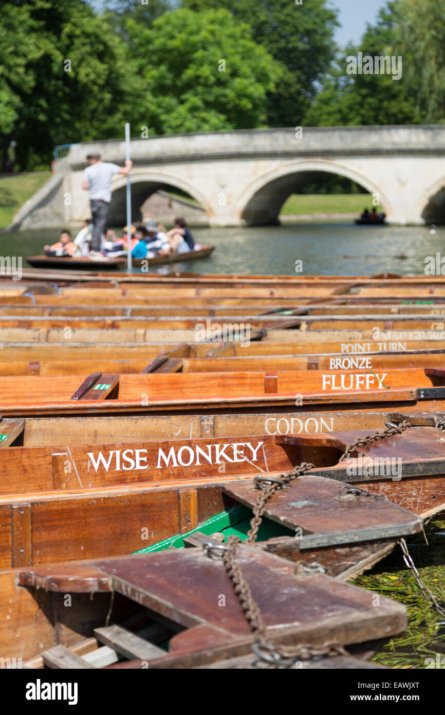 UK, Cambridge, plates sur la rivière Cam avec des noms uniques. Banque D'Images