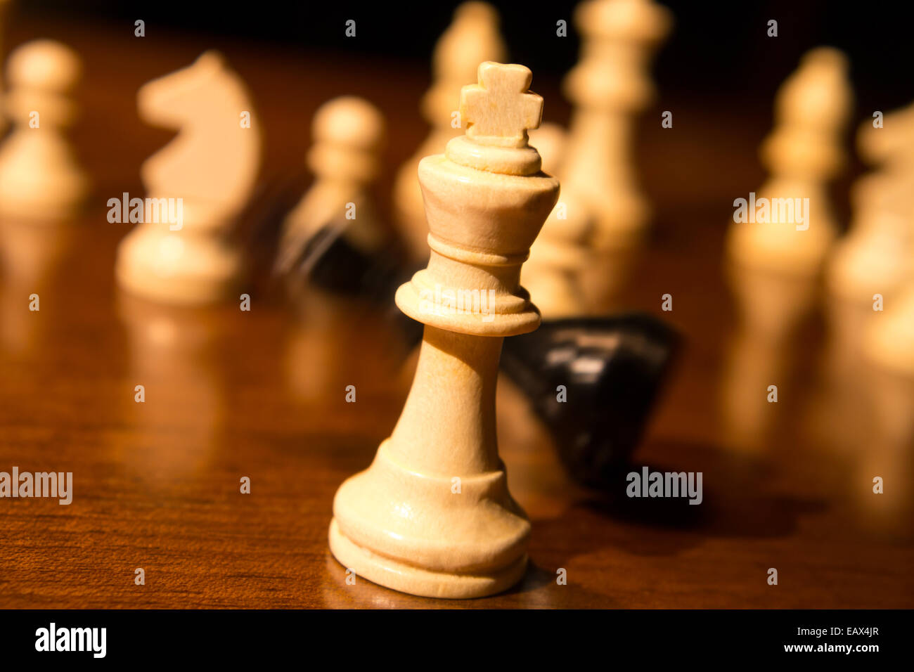 Conseil d'échecs roi tomber sur table en bois Banque D'Images