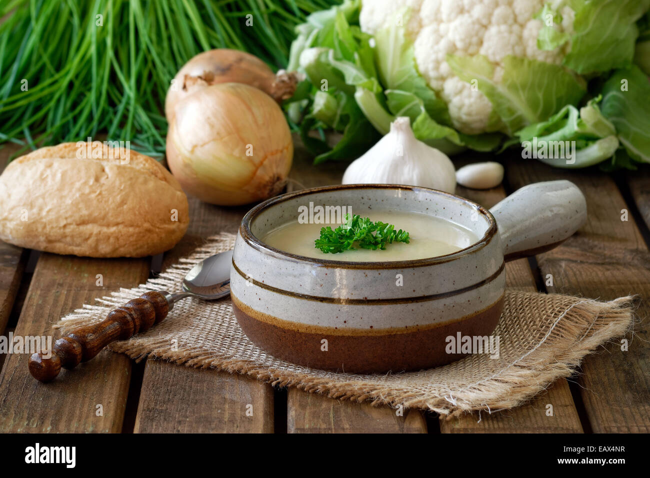 Soupe maison faite de chou-fleur, oignons, ail, persil et ciboulette et servi avec du pain Banque D'Images