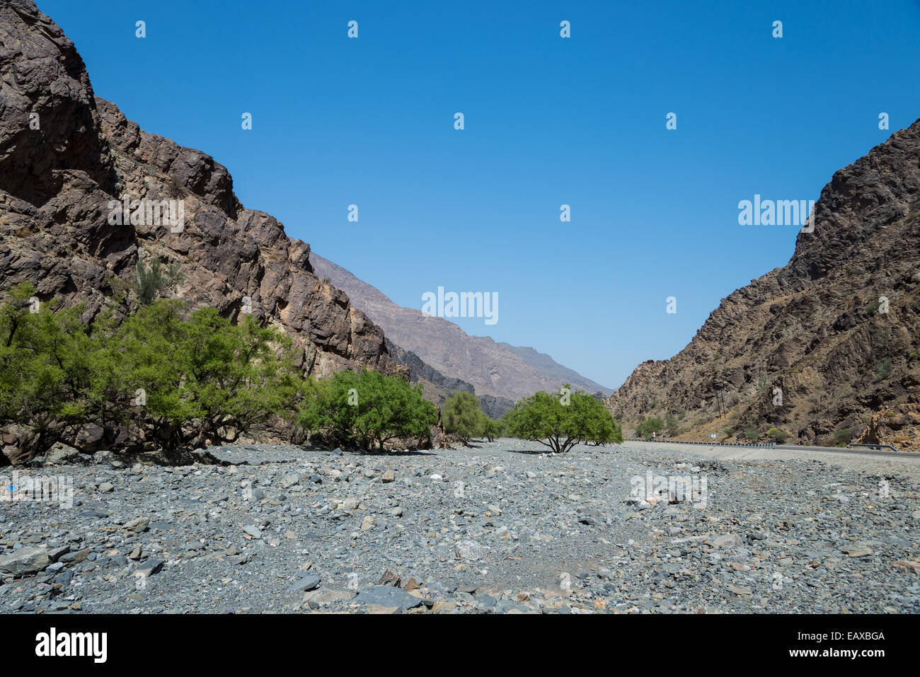 Un lit de rivière à sec, l'oued, dans la région de montagne. L'Oman. Banque D'Images