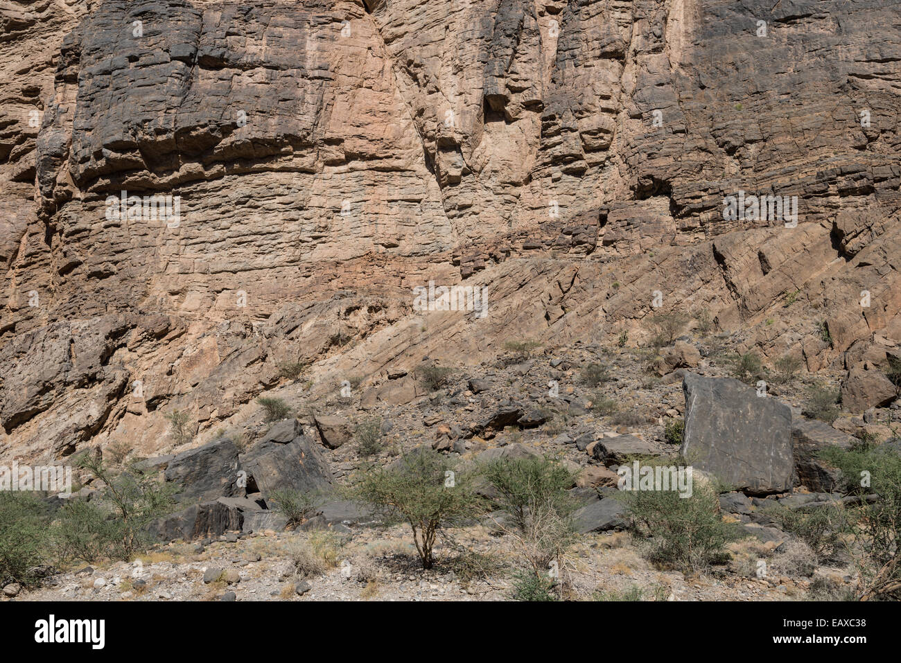 Une discordance angulaire entre deux unités stratigraphiques. L'Oman. Banque D'Images