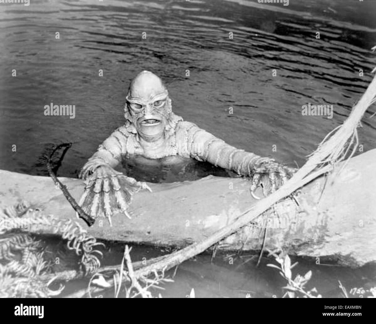 Une image de l'emblématique film de 1954 "Creature from the Black Lagoon", cette image capture le design du monstre et le style cinématographique du milieu du XXe siècle du film. Le film est réputé pour ses contributions au genre horreur et à la culture populaire. Banque D'Images