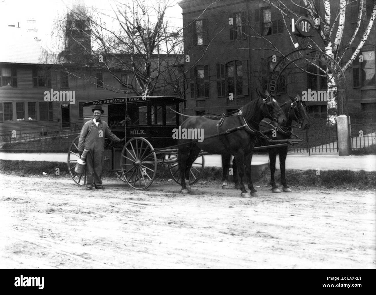 Cette photographie vintage capture une scène de livraison de lait à Keene, New Hampshire. L'image reflète une ère révolue de livraisons de produits laitiers locaux, mettant en vedette une charrette tirée par des chevaux qui livre du lait frais aux maisons de la communauté. Banque D'Images