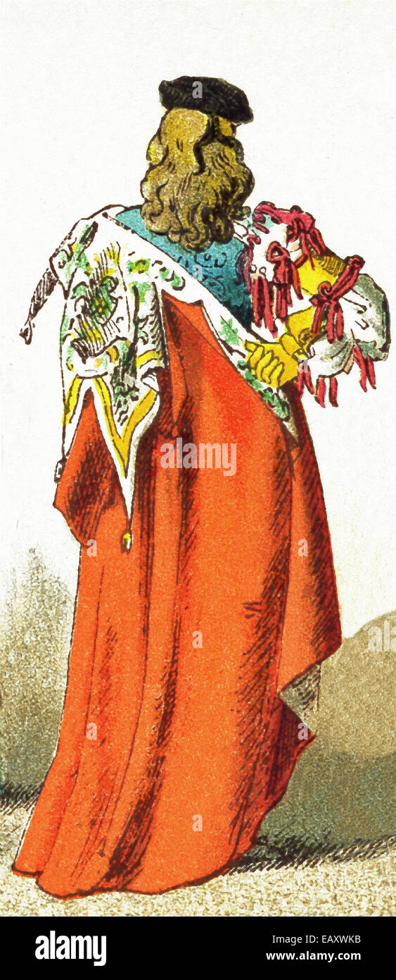 La figure représentée remonte à l'an 1400 et montre l'arrière de la tenue traditionnelle portée par un noble vénitien alors. Banque D'Images