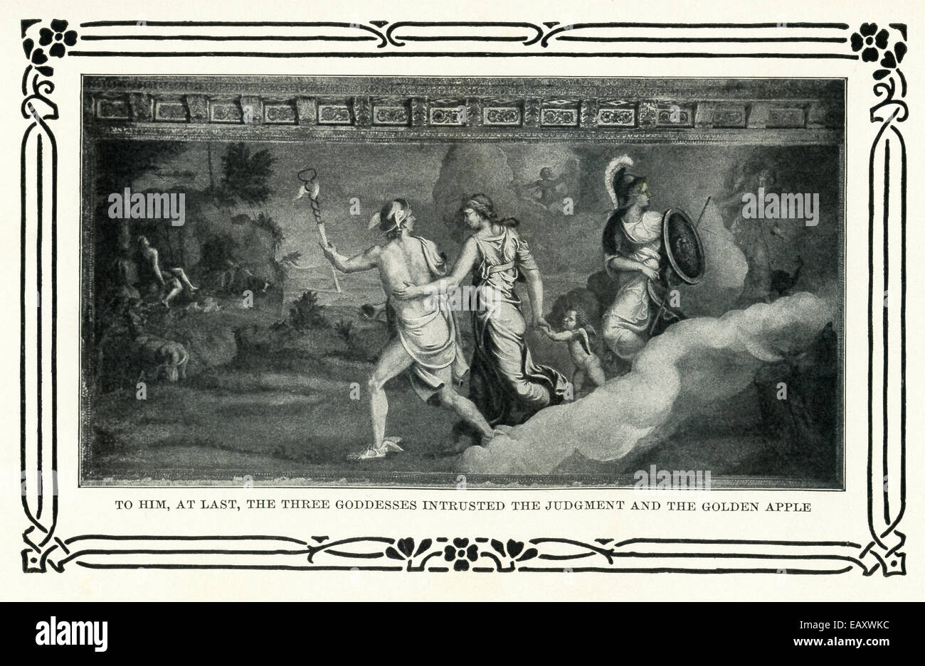 Le texte qui accompagne cette illustration se lit comme suit : à lui, enfin, les trois déesses confié le jugement et la pomme d'or et la personne qui est le dieu Hermès. Banque D'Images