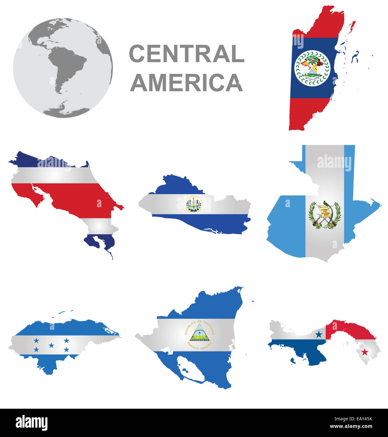 Drapeaux de l'Amérique centrale collection superposées sur une carte Banque D'Images