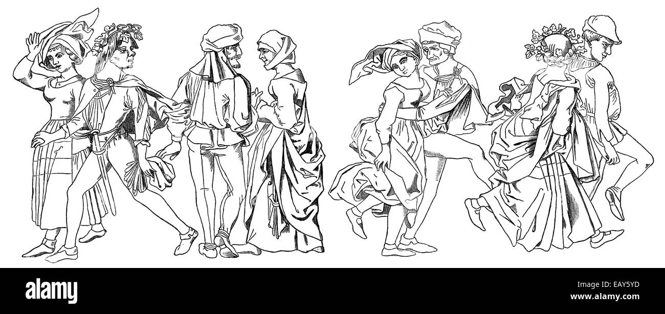 Les couples danser, 16e siècle, fête foraine ou danse La danse, saut d'Tanzpaare im 16. Jahrhundert, Kirmes-Tanz oder Springender Tanz Banque D'Images