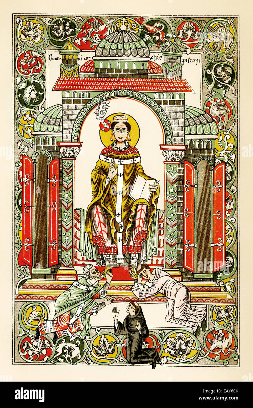 La peinture anglo-saxon dans un manuscrit du 11ème siècle, Saint Dunstan, Archevêque de Canterbury, ca. 909-988, angelsächsische Banque D'Images