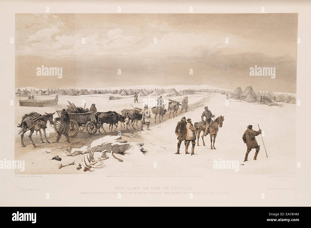 Cette représentation historique de la guerre de Crimée montre les camps militaires des 1re et 2e divisions, avec les hauteurs d'Inkermann au loin. La scène comprend des tentes clocheuses, des chevaux, des charrettes et des soldats, capturant le cadre de ce conflit crucial. Banque D'Images