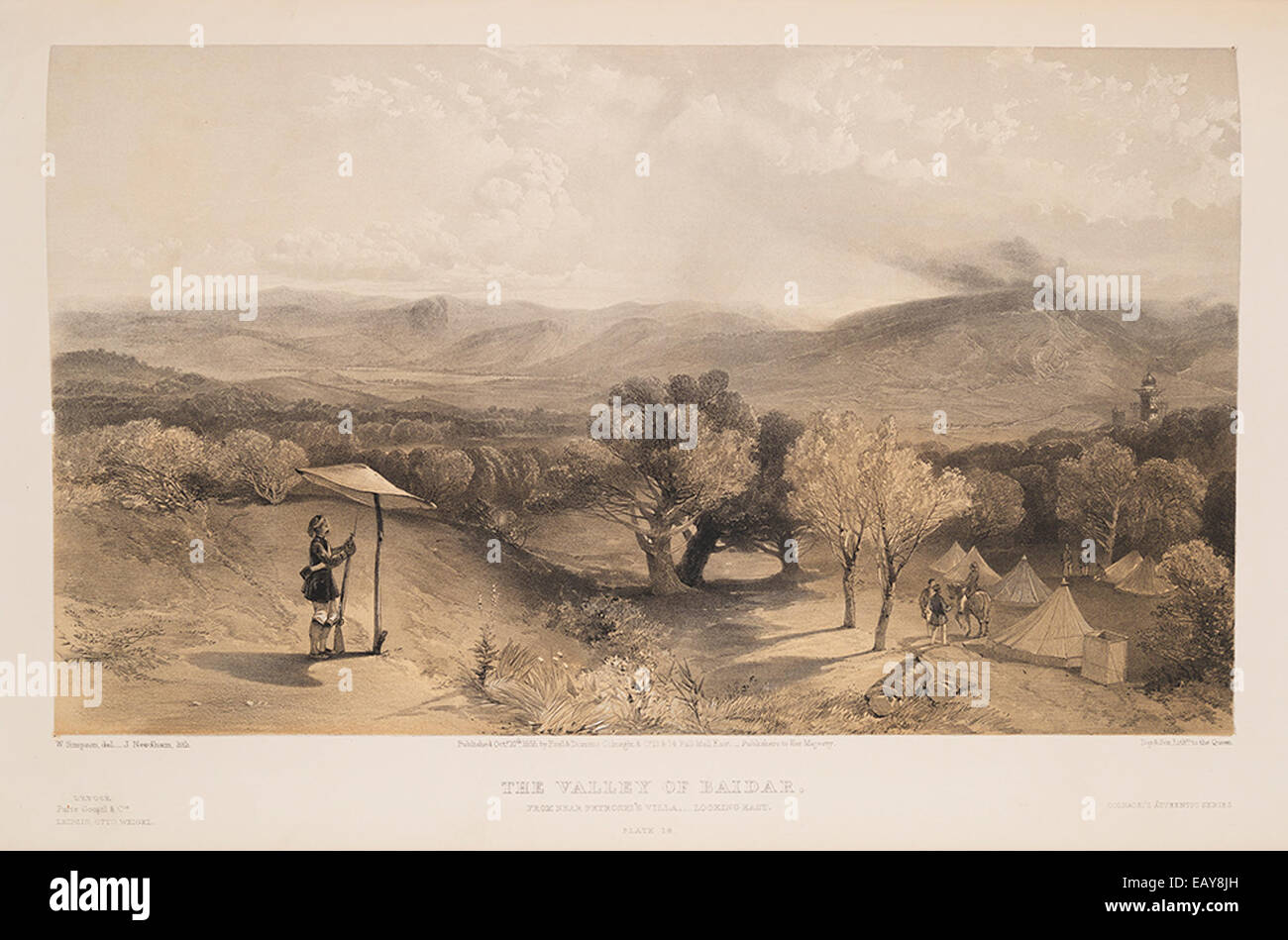 Une photographie historique de la vallée de Baidar, prise près de la Villa Petroski. L'image montre des camps militaires avec des cloches tentes, des soldats et des troupes installés dans le paysage pittoresque de la vallée de Crimée. Banque D'Images