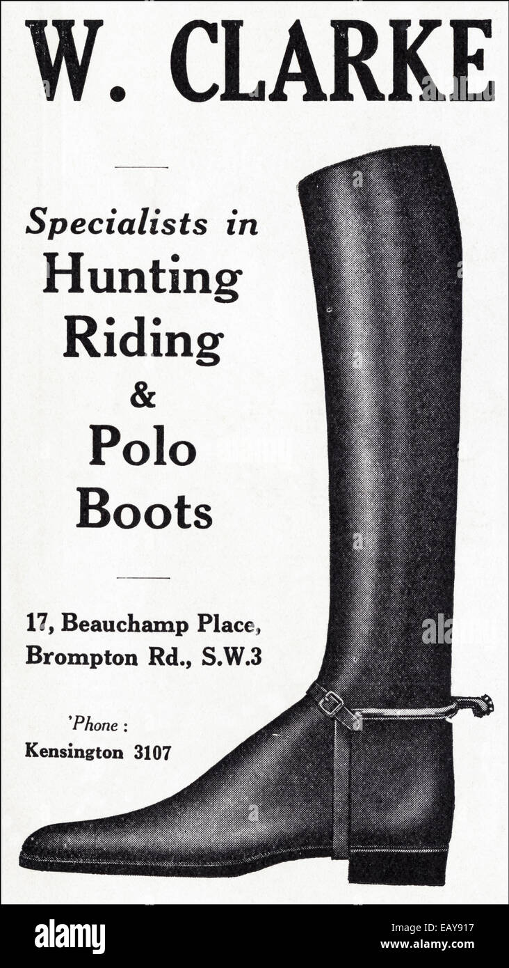 1920 Publicité pour W. Clarke des spécialistes de la chasse, équitation &  polo boots of London en anglais magazine daté de juin 1929 Photo Stock -  Alamy