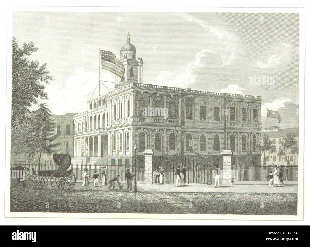 Une illustration de 1834 de l'hôtel de ville de New York, un bâtiment historique achevé en 1812. La structure est un exemple de l'architecture américaine primitive et a servi de siège au gouvernement municipal. Banque D'Images
