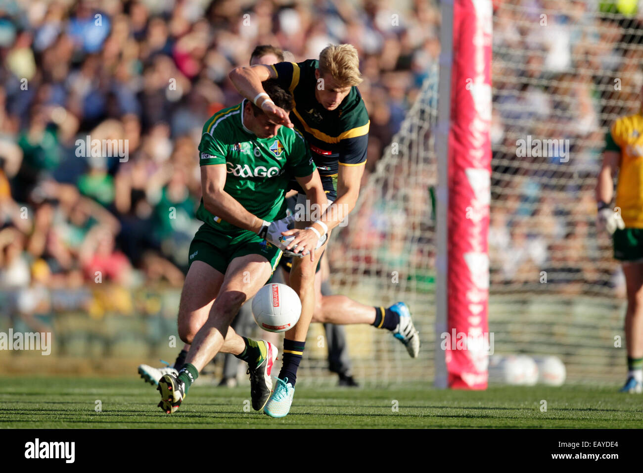 Paterson Stadium, Perth, Australie. 22 Nov, 2014. Série de règles internationales de football gaélique, Perth, Australie 1 match contre l'Irlande, Finian Hanley est montée par Nick Riewoldt. Credit : Action Plus Sport/Alamy Live News Banque D'Images
