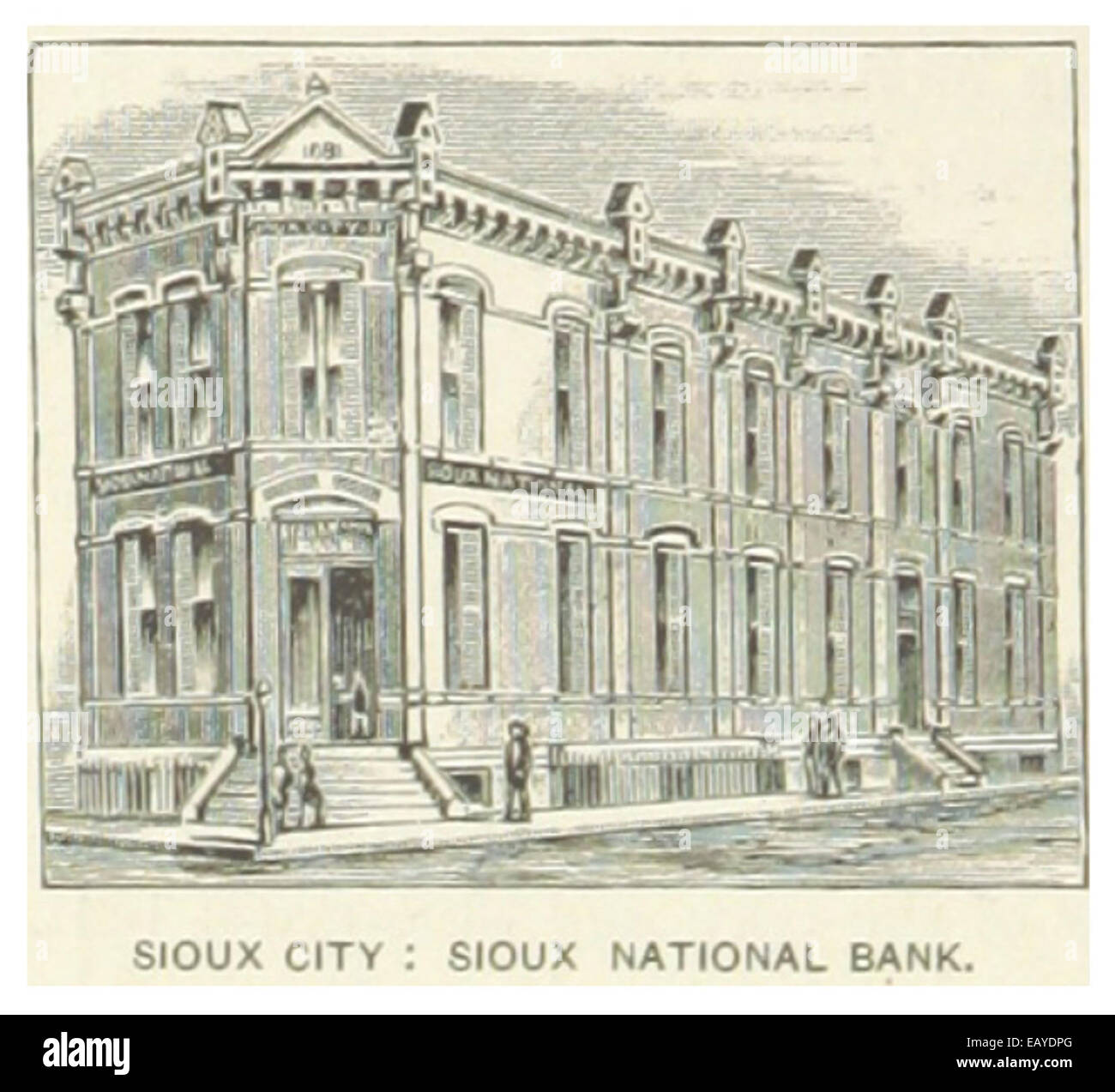 Cette illustration de 1891 représente la Sioux National Bank à Sioux City, Iowa. L'image met en évidence le rôle de la banque et de la finance dans le développement économique de la région à la fin du XIXe siècle. Banque D'Images