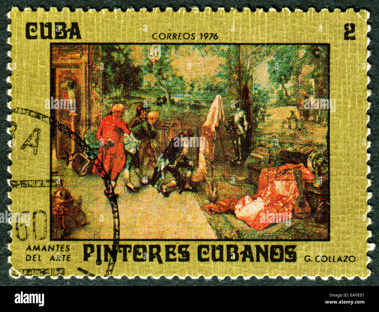 CUBA - circa 1976 : timbre imprimé dans la Cuba, montre quatre hommes dans une pièce regarde quelque chose, vers 1976 Banque D'Images