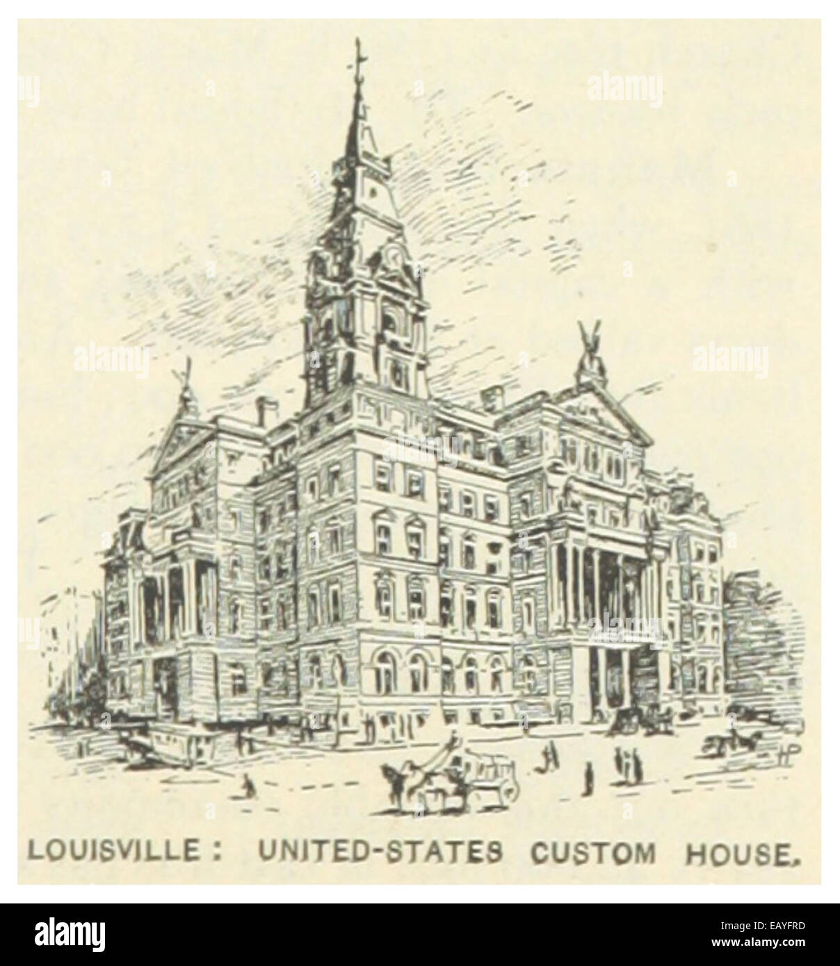 Cette illustration de 1891 montre la US Custom House à Louisville, Kentucky, un important bâtiment gouvernemental pour la gestion des douanes et du commerce à la fin du XIXe siècle. Banque D'Images