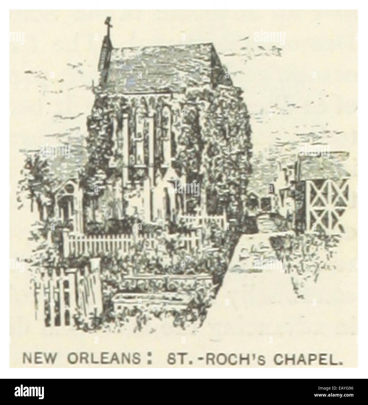 Cette illustration de 1891 représente la chapelle de Saint Roch à la Nouvelle-Orléans, une chapelle catholique historique connue pour sa conception architecturale unique et son importance religieuse. La chapelle est un lieu de dévotion et de pèlerinage depuis le XIXe siècle. Banque D'Images