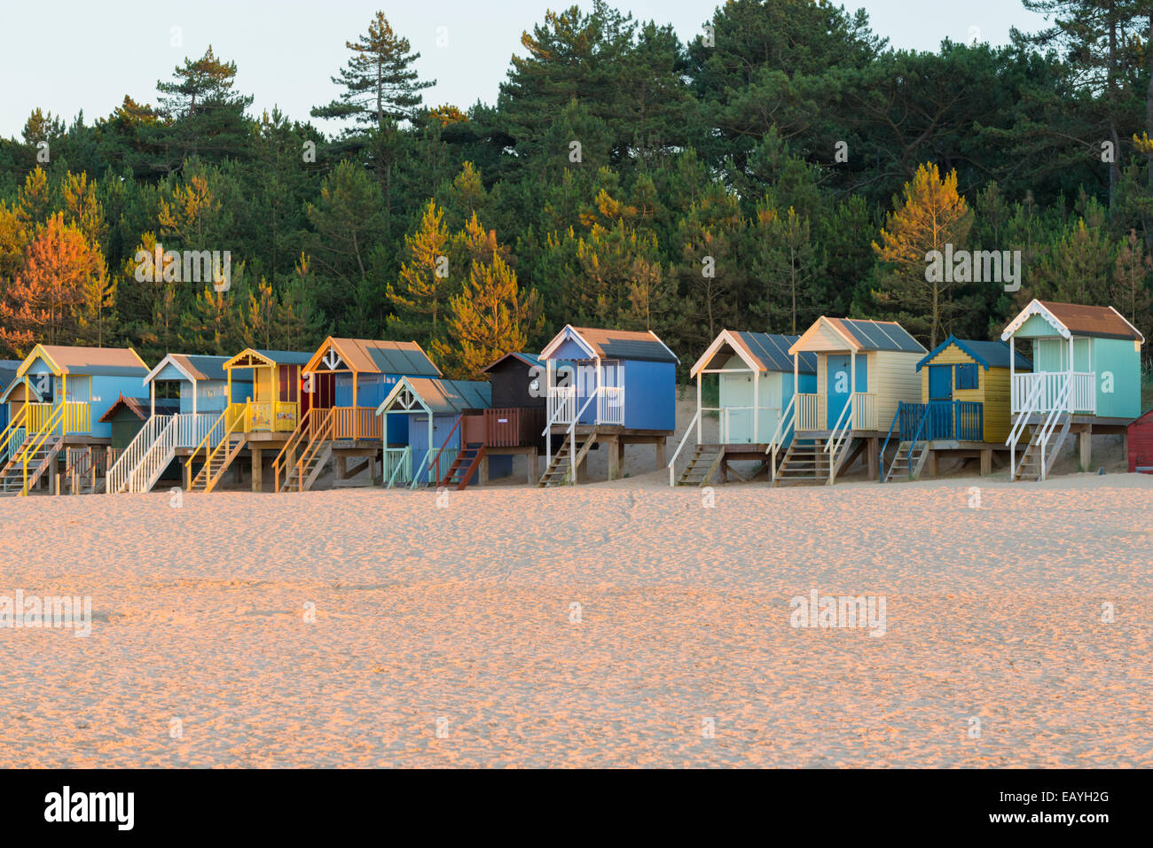 Une vue de la plage et des cabines de plage de Wells next the Sea, Norfolk, Angleterre Banque D'Images