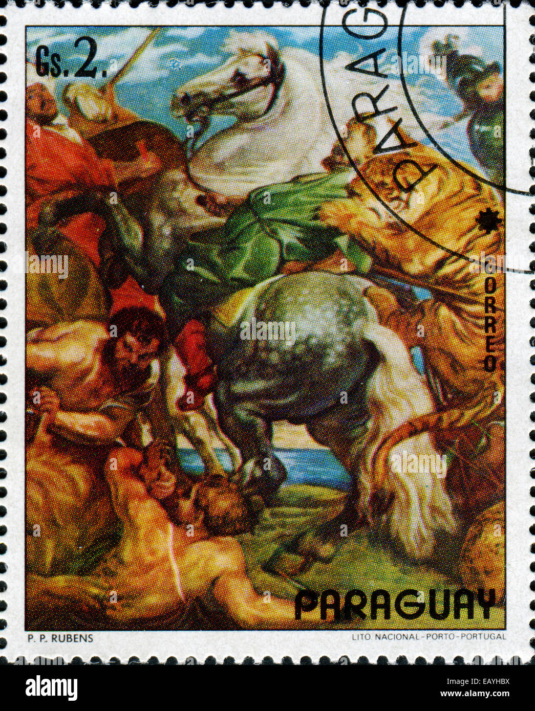 PARAGUAY - circa 1978 : timbre imprimé en Paraguay montre ' la chasse pour les tigres et les lions ' par l'arist Rubens, vers 1978 Banque D'Images