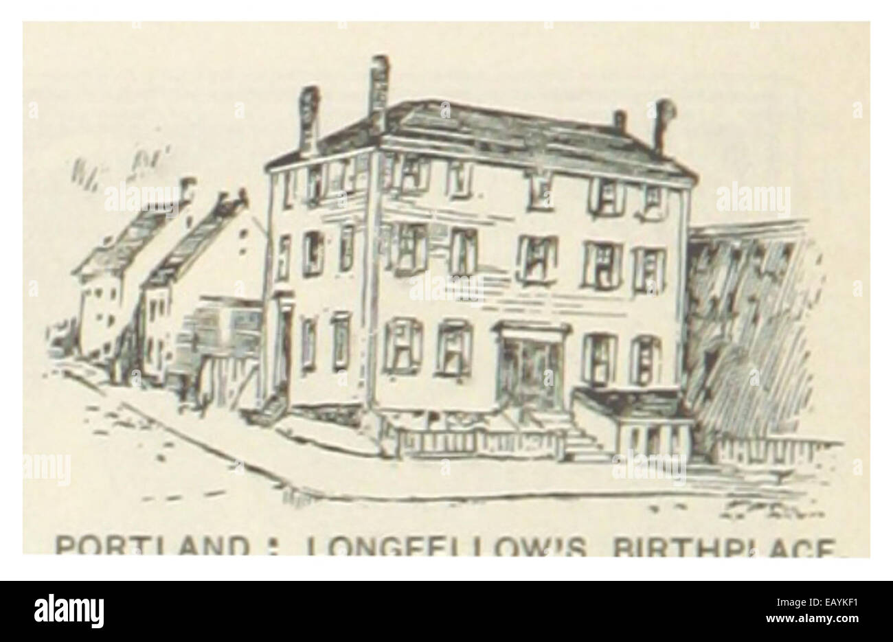 Cette illustration de 1891 montre le lieu de naissance de Henry Wadsworth Longfellow à Portland, dans le Maine, reflétant l'importance historique du site dans l'histoire littéraire américaine. Banque D'Images