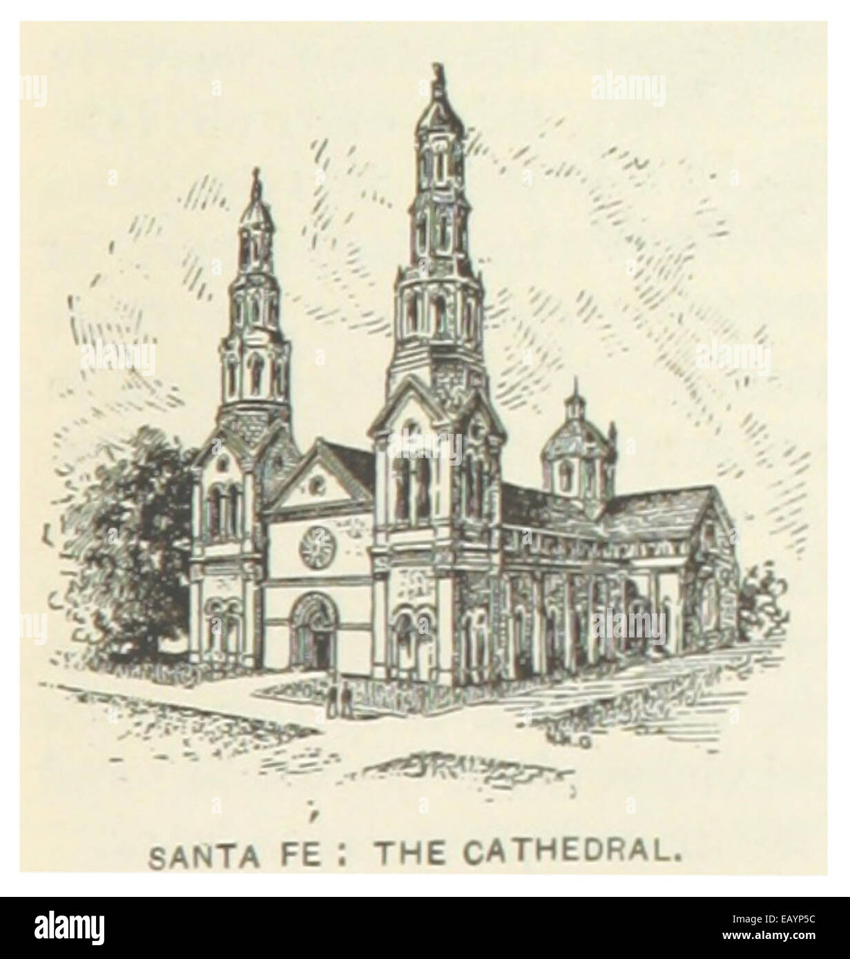 Cette entrée de 1891 met en valeur la Basilique Cathédrale Saint François d'assise à Santa Fe, Nouveau-Mexique. La cathédrale, construite dans le style néo-roman, est un monument historique et architectural clé dans la région, connu pour sa construction distinctive en adobe et sa riche importance culturelle. Banque D'Images