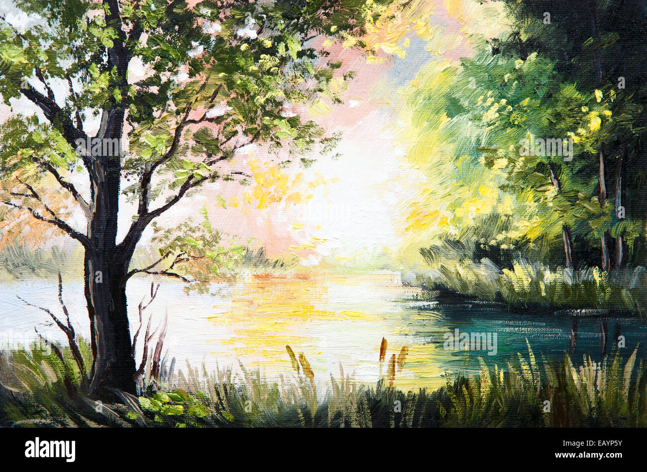 Peinture à l'huile paysage - lac de la forêt, après-midi d'été Banque D'Images