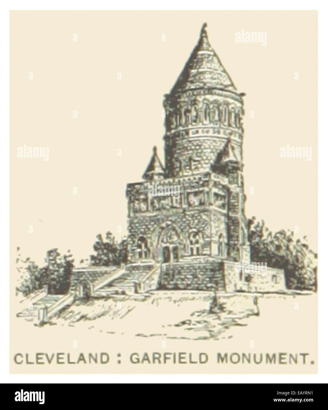 Cette illustration de 1891 présente le monument Garfield à Cleveland, Ohio. Le monument commémore le président James A. Garfield et sa contribution à l’histoire américaine, mettant en valeur les détails architecturaux de la structure. Banque D'Images