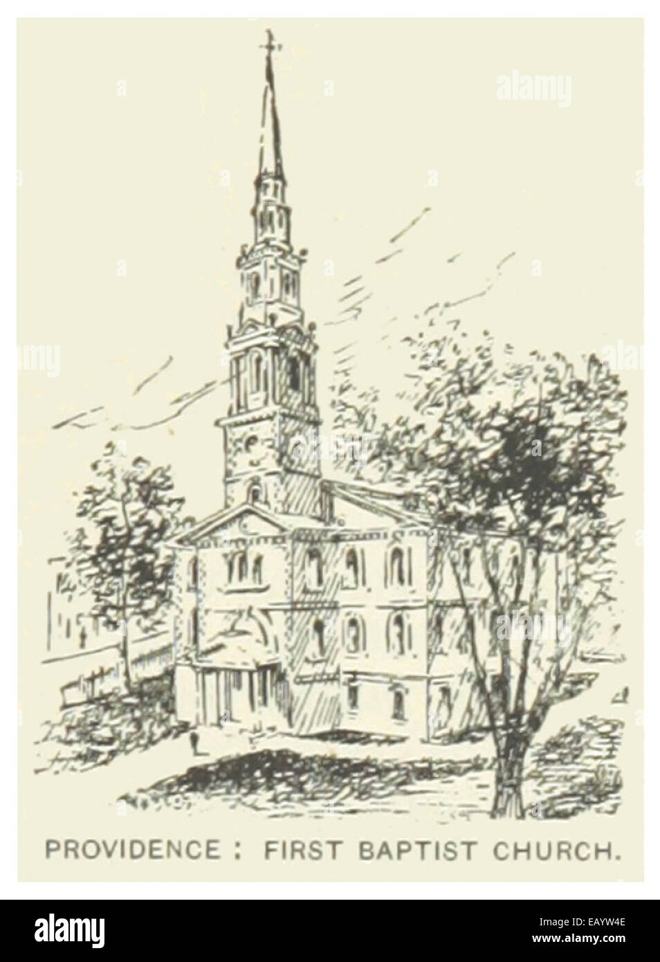 Cette illustration de 1891 montre la première église baptiste de Providence, Rhode Island, un important monument religieux et architectural de la ville. La conception de l’église reflète le style de la fin du XIXe siècle et son importance pour la communauté locale. Banque D'Images Cette illustration de 1891 montre la première église baptiste de Providence, Rhode Island, un important monument religieux et architectural de la ville. La conception de l’église reflète le style de la fin du XIXe siècle et son importance pour la communauté locale. Banque D'Images