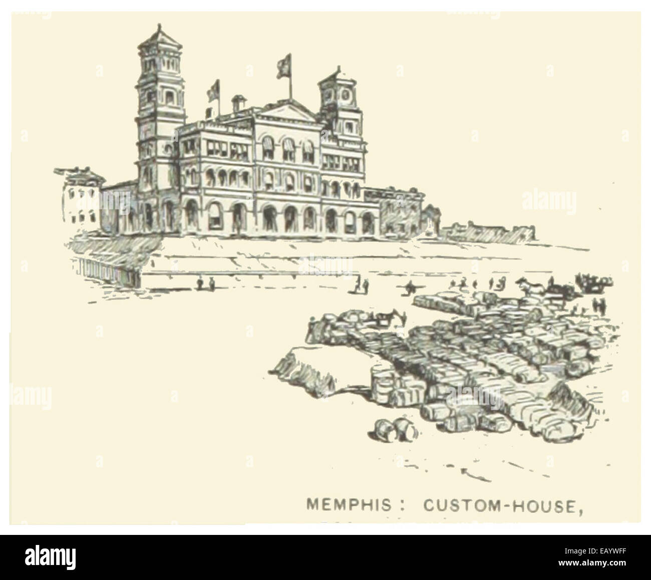 Cette illustration de 1891 du Tennessee représente la maison des douanes de Memphis, offrant une vue historique du bâtiment et son importance pour l'économie et l'administration de la région. Banque D'Images