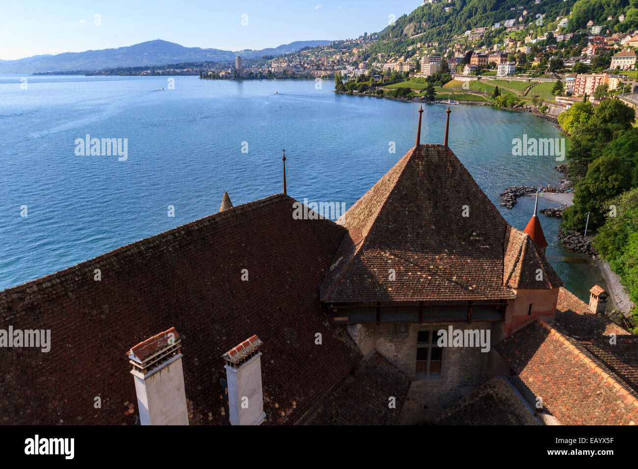 Vue depuis le château Chillon, Lac de Genève, Suisse Banque D'Images