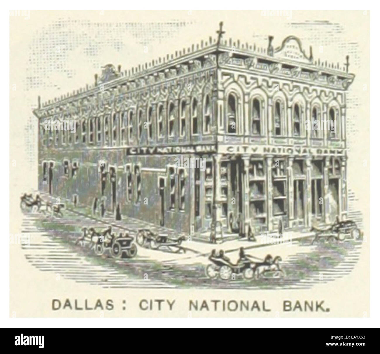 Une illustration de US-TX(1891), page 829, montrant la City National Bank à Dallas. L'image se concentre sur l'architecture de la banque et son rôle dans le développement du quartier financier de Dallas. Banque D'Images