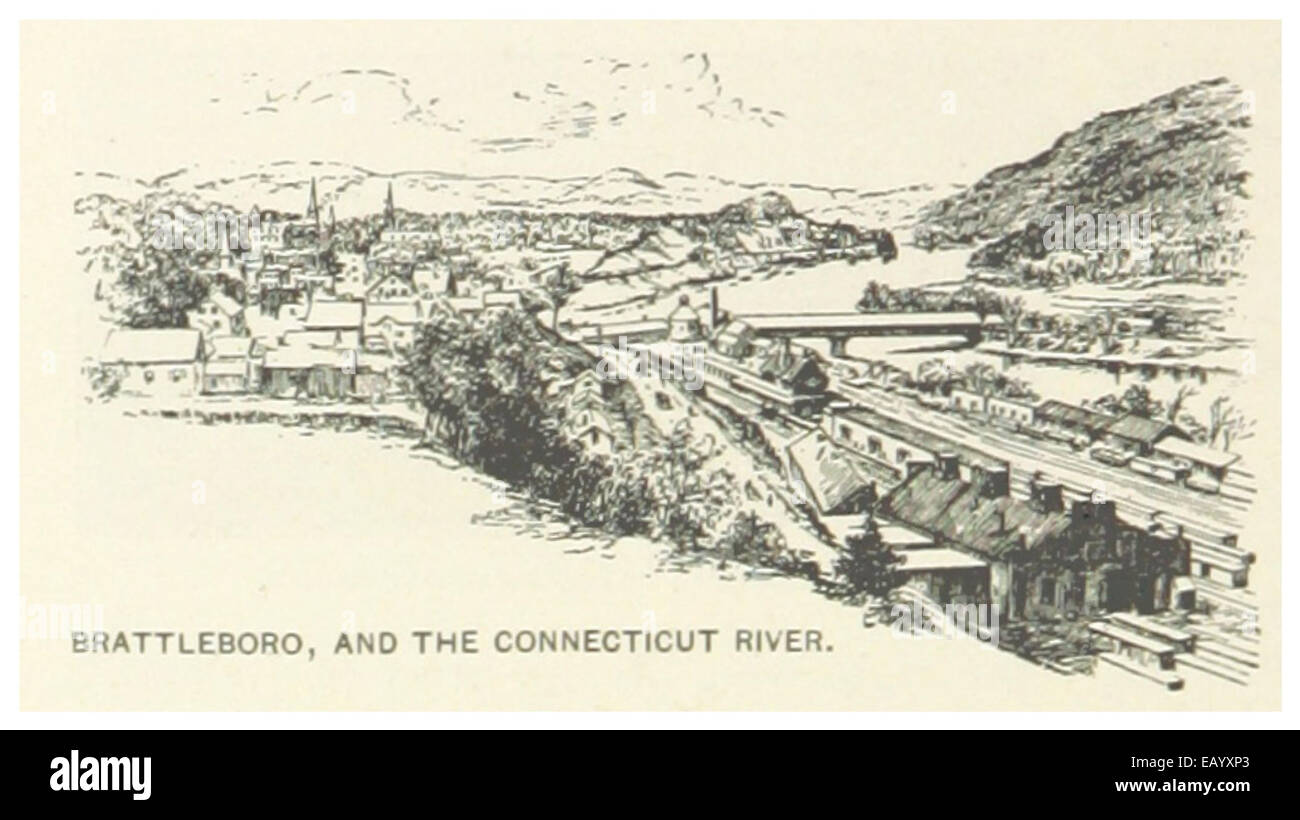 Cette illustration de 1891 représente Brattleboro, Vermont, situé le long de la rivière Connecticut. L’image met en évidence l’emplacement de la ville au bord de la rivière et son développement en tant que communauté clé dans le Vermont à la fin du XIXe siècle. Banque D'Images