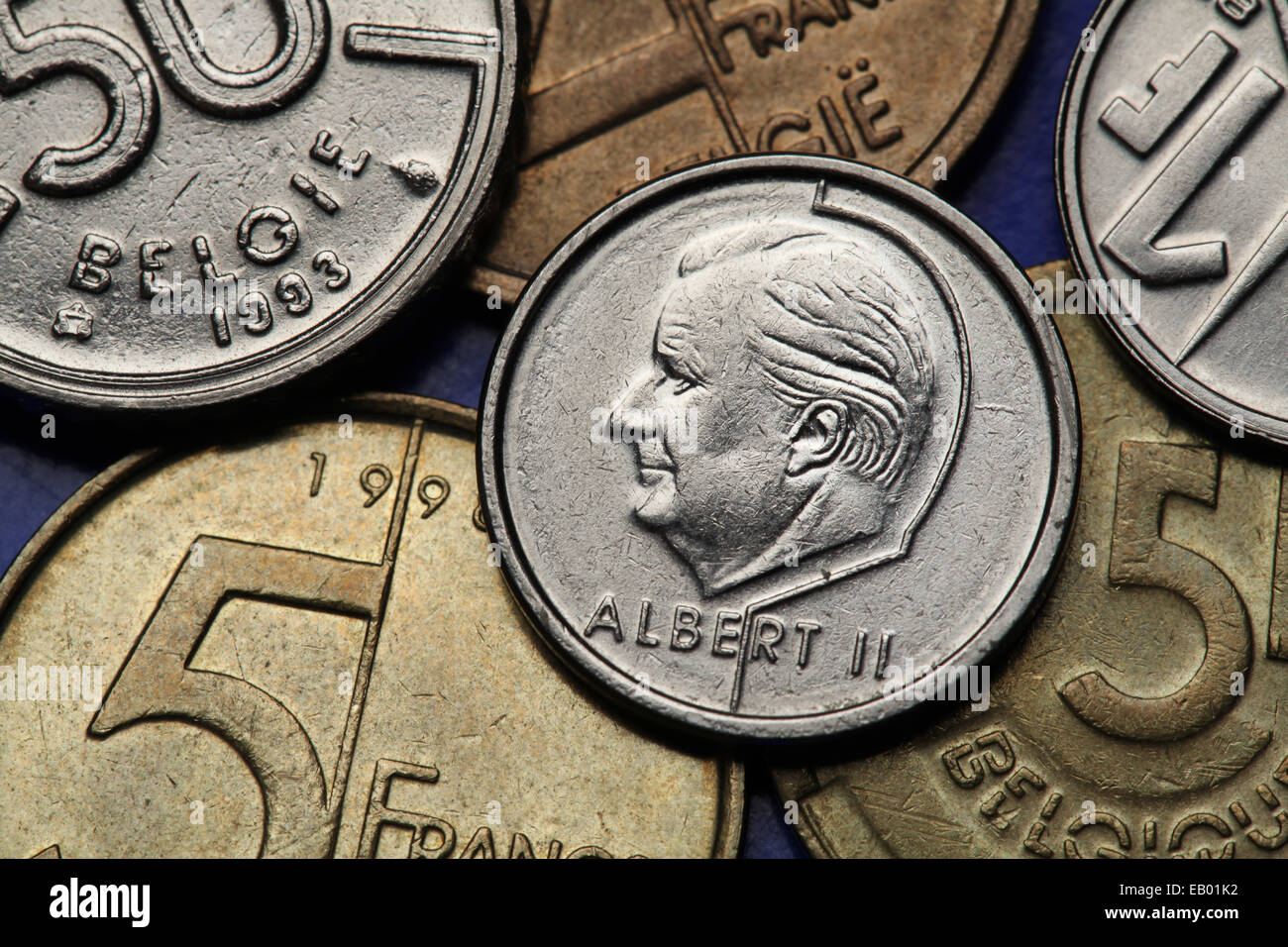 Coins de la Belgique. Le Roi Albert II de Belgique représenté sur le franc belge de monnaie. Banque D'Images