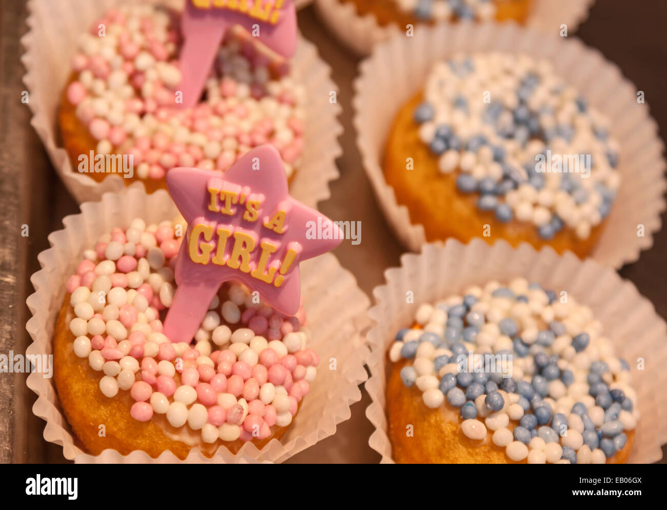Pour la vente de gâteaux pour célébrer la naissance d'une fille ou un garçon avec sprinkles sucrés typiquement néerlandais sur le dessus, Halle, de Rotterdam. Banque D'Images
