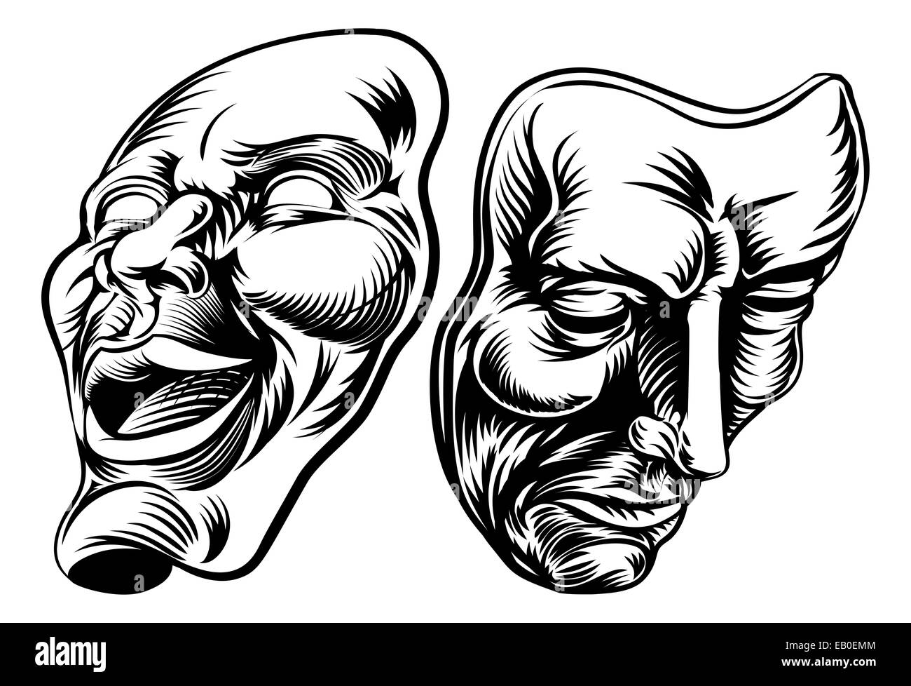Une illustration originale de masques de théâtre, comédie et tragédie, dans un style vintage Banque D'Images
