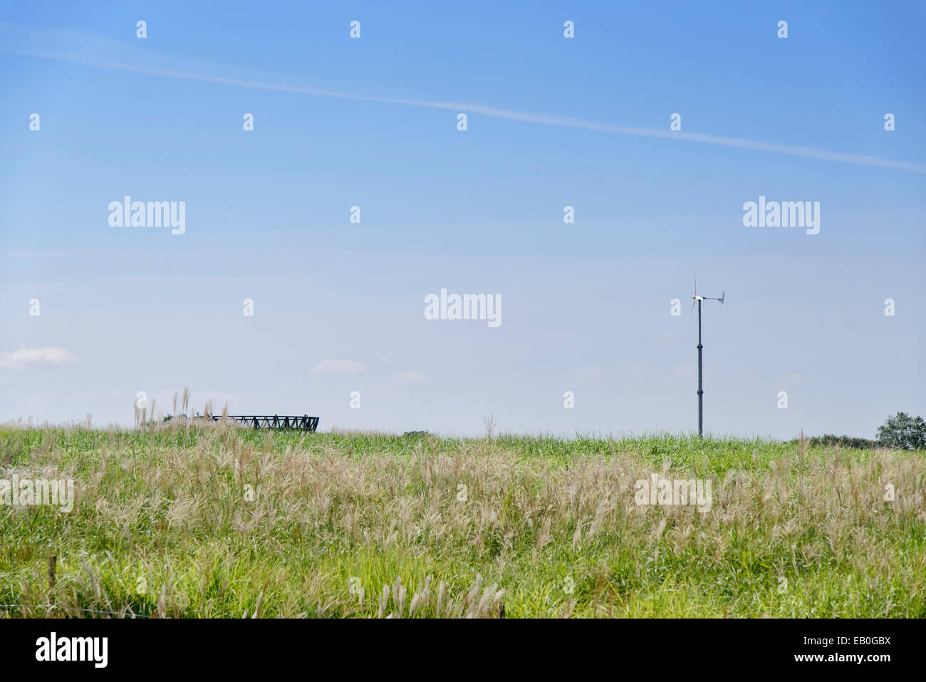 La plate-forme de l'observatoire dans un champ d'herbe d'argent avec générateur d'énergie éolienne Banque D'Images