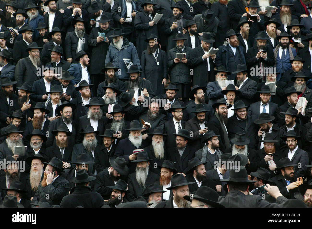 New York, USA. 23 Nov, 2014. Des milliers de phoques barbus du rabbin hassidique traditionnel habillé de grab hassidique alignés devant leur siège social au 770 Eastern Parkway à Brooklyn pour prendre leur photo annuel. Ces rabbins venus du monde entier à participer à cet événement. Credit : Bruce Cotler/Globe Photos/ZUMA/Alamy Fil Live News Banque D'Images