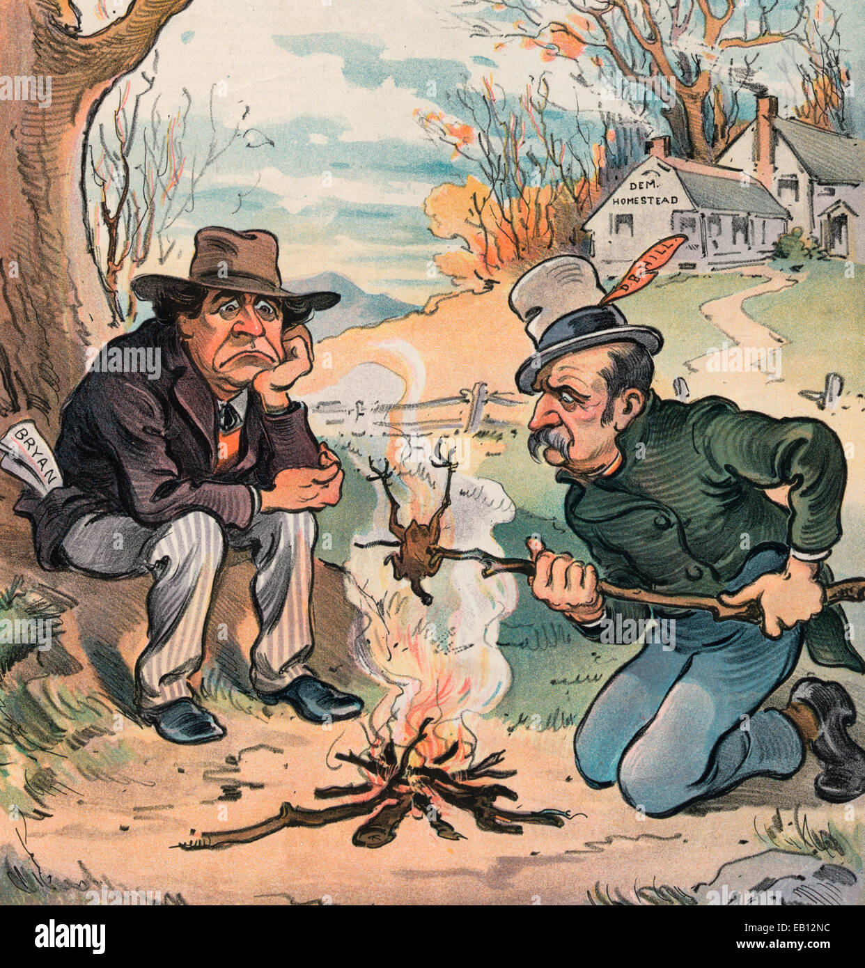 Festivités de Thanksgiving - Dave lamentable et las William inscrivez-vous à la célébration. L'illustration montre William Jennings Bryan et David B. Hill le rôtissage un oiseau sur un feu de camp à l'extérieur de la 'Dem. Homestead'. Caricature politique, vers 1902 Banque D'Images