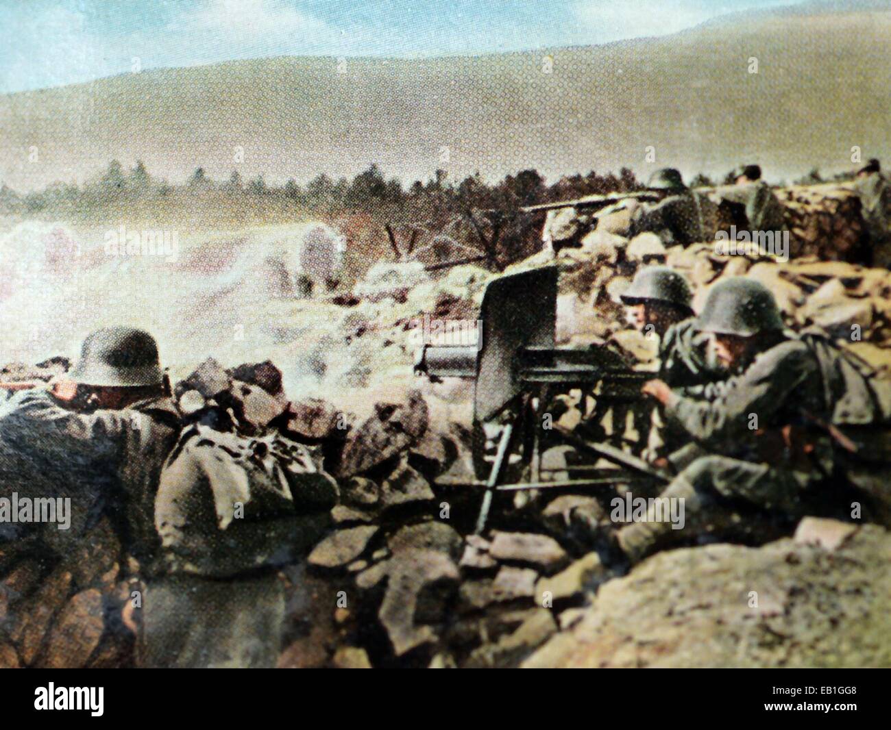 La propagande allemande colorisée contemporain photo montre les troupes allemandes pendant la bataille d'Isonzo sur le front italien, automne 1917. Photo : Archives Neumann - PAS DE SERVICE DE FIL Banque D'Images