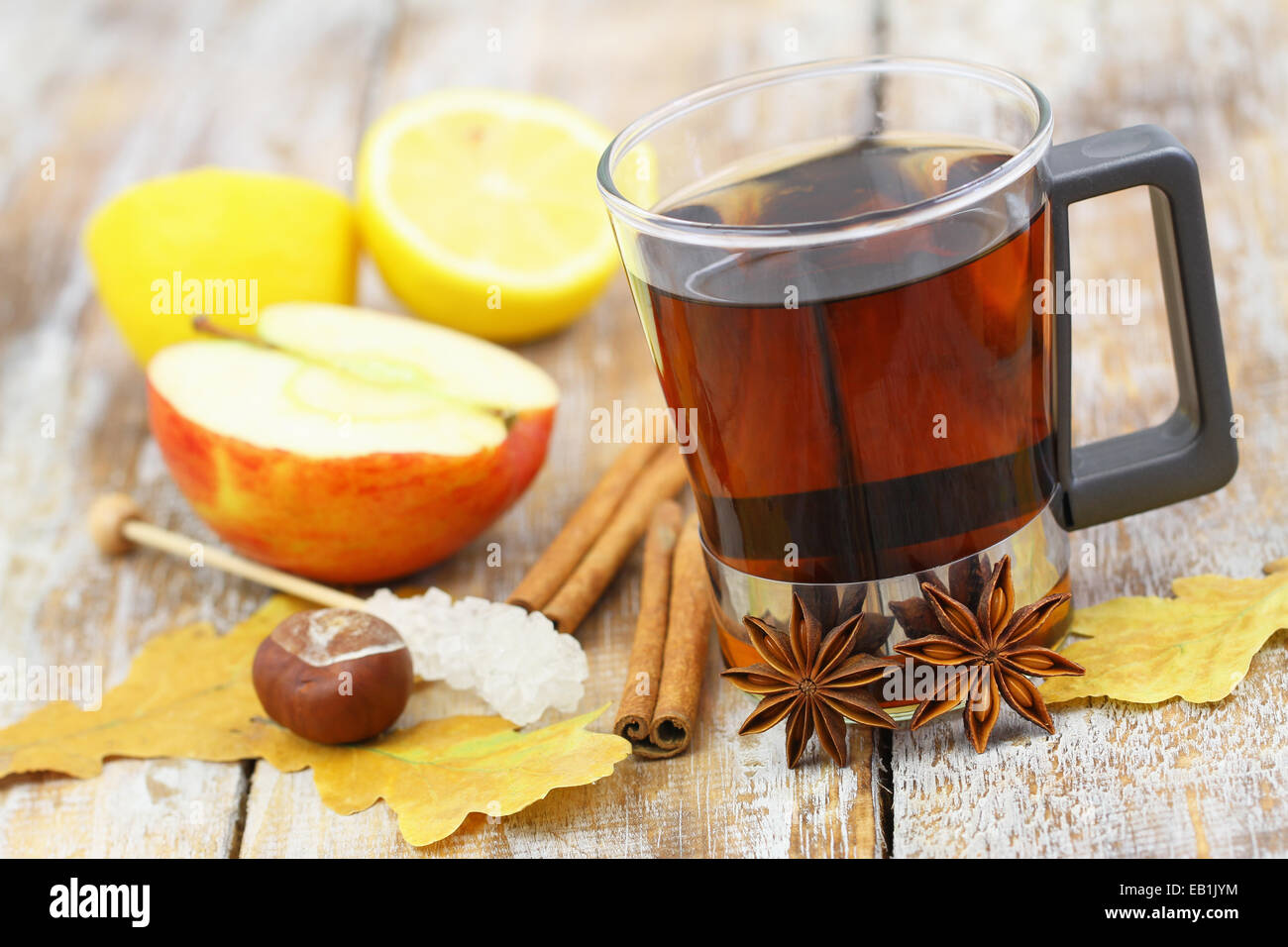 Verre de thé de l'automne, l'anis étoilé, cannelle, pomme, citron et châtaignes Banque D'Images